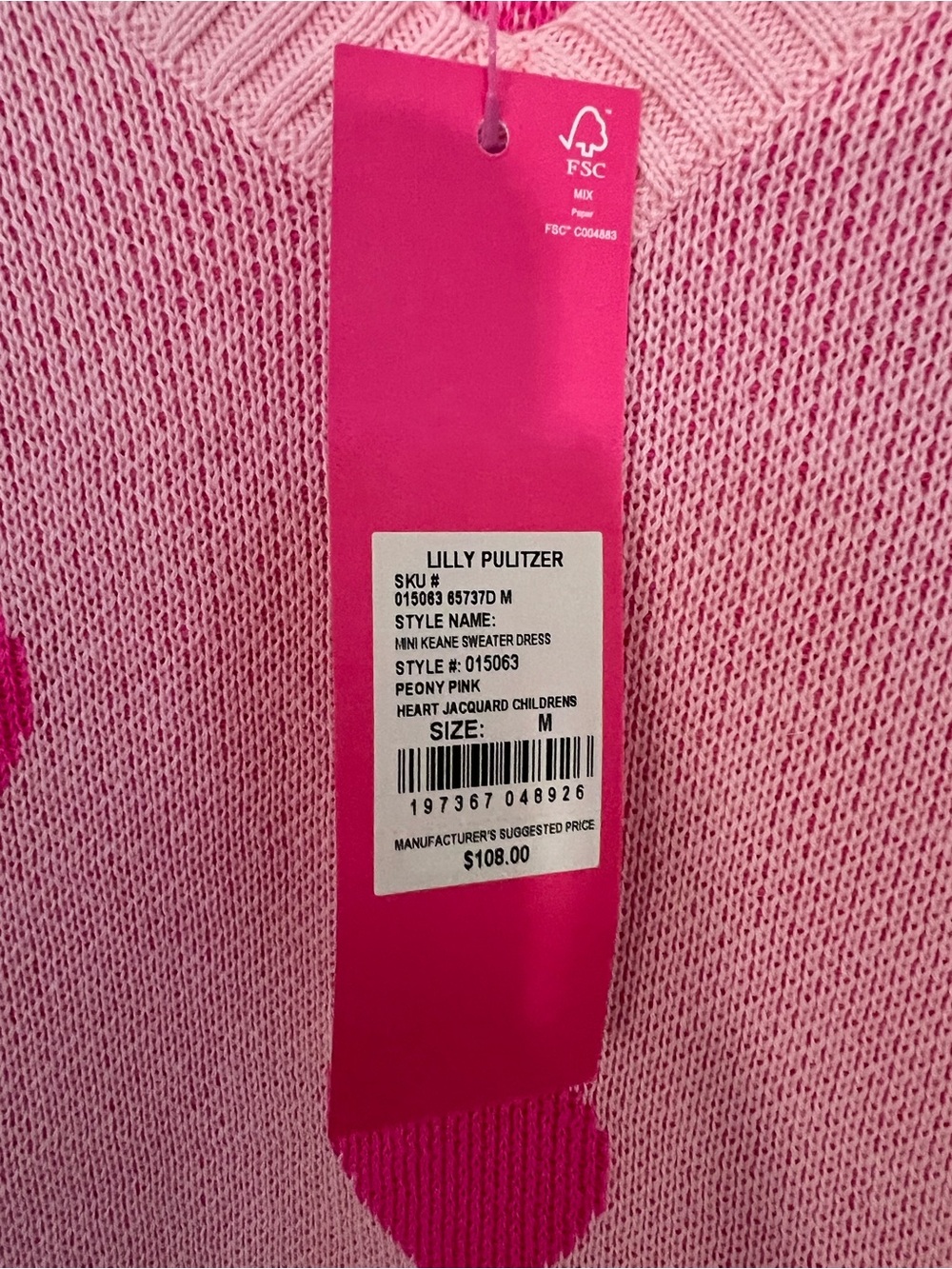 NWT Lilly Pulitzer Pink Knit V-Neck Sweater Dress with Hot Pink Heart Print - Picture 5 of 5